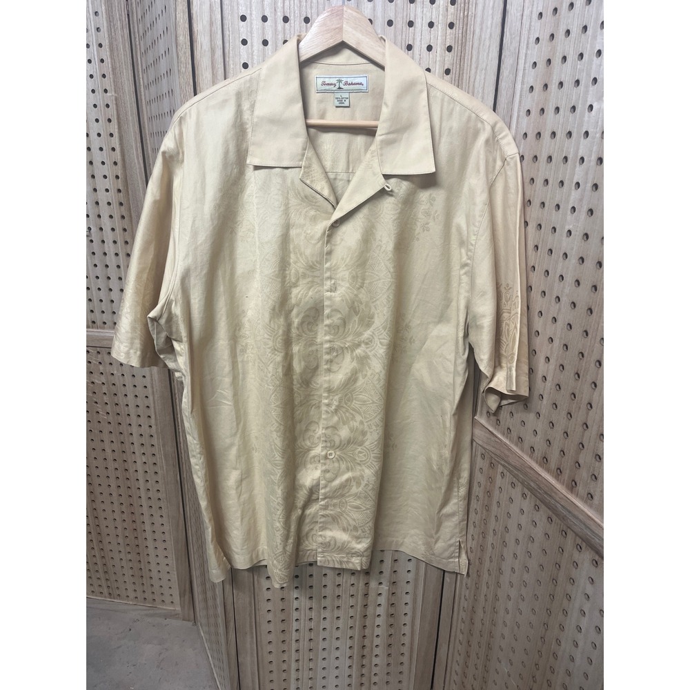 Tommy Bahama Mens Large Cream Tonal Pineapple Jacquard Cotton Camp Shirt Short